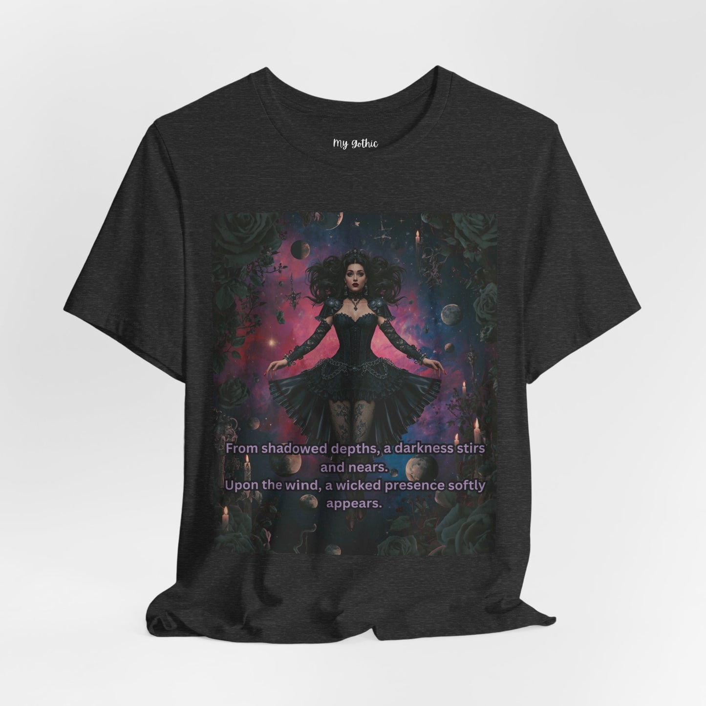 Gothic Sorceress Tee — "From shadowed depths..." Dark Fantasy Graphic T-Shirt