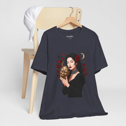 Gothic Rose Maiden Tee — Woman with Mask & Crescent Moon Graphic T-Shirt
