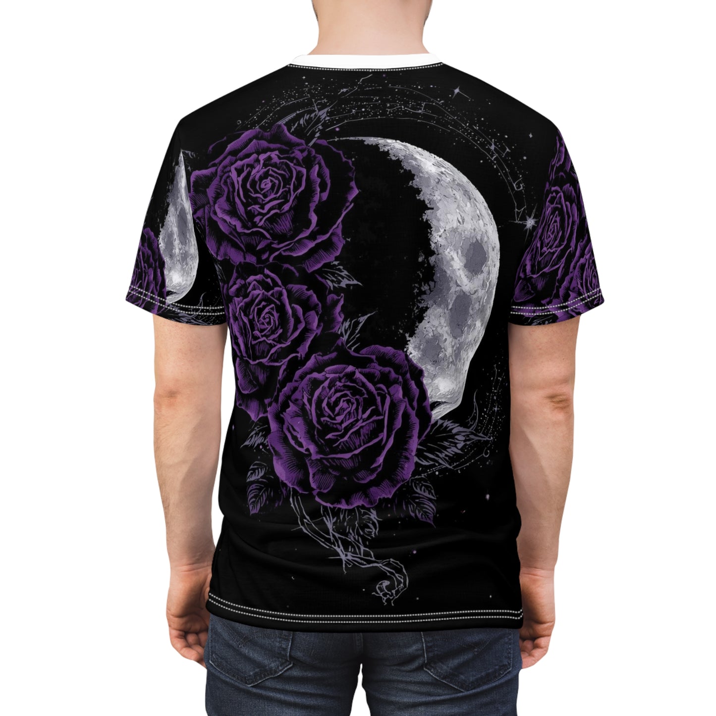 Purple Moon & Roses Tee — Gothic Floral Moonlight All-Over Print Shirt