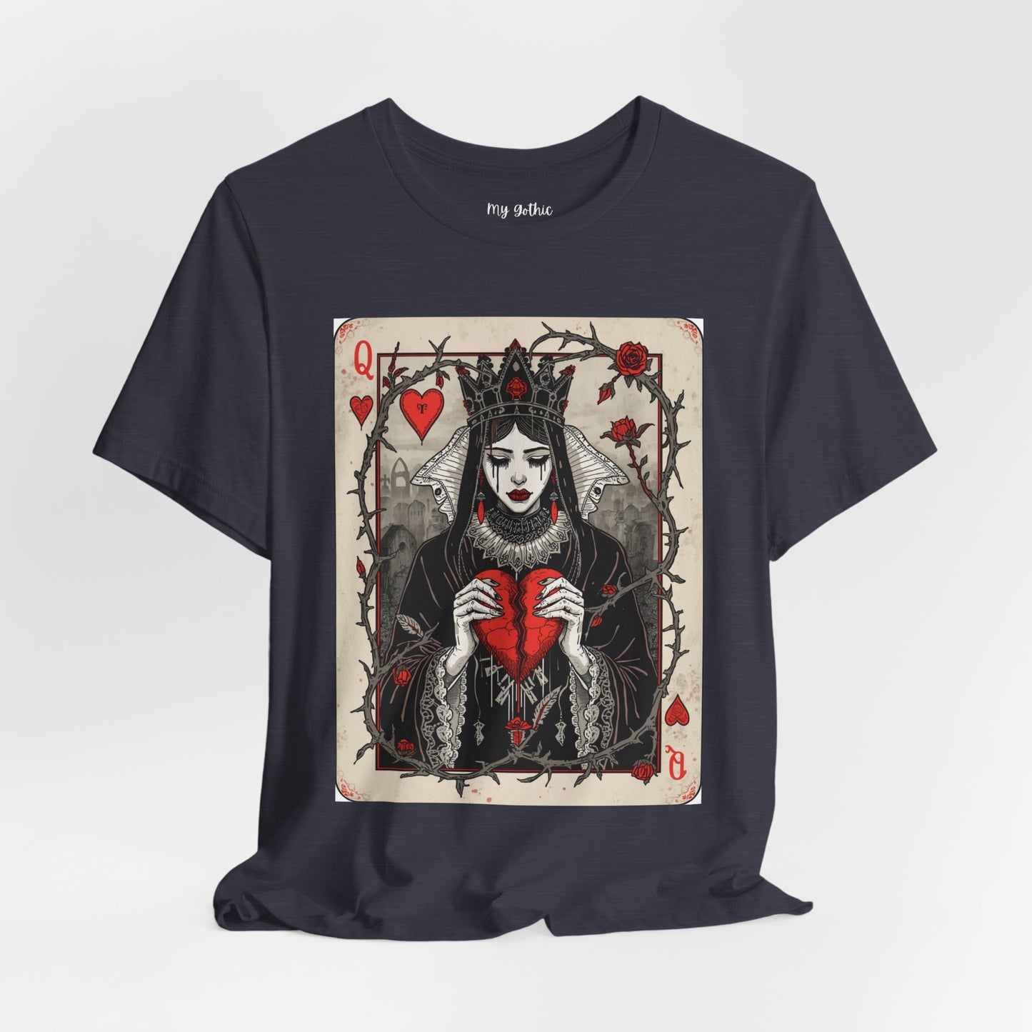 Queen of Hearts Playing Card T-Shirt — Gothic Rose Broken Heart Graphic Tee