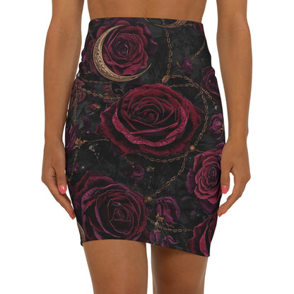 Rose Moon Pencil Skirt — Dark Gothic Floral Mid‑Waist Skirt