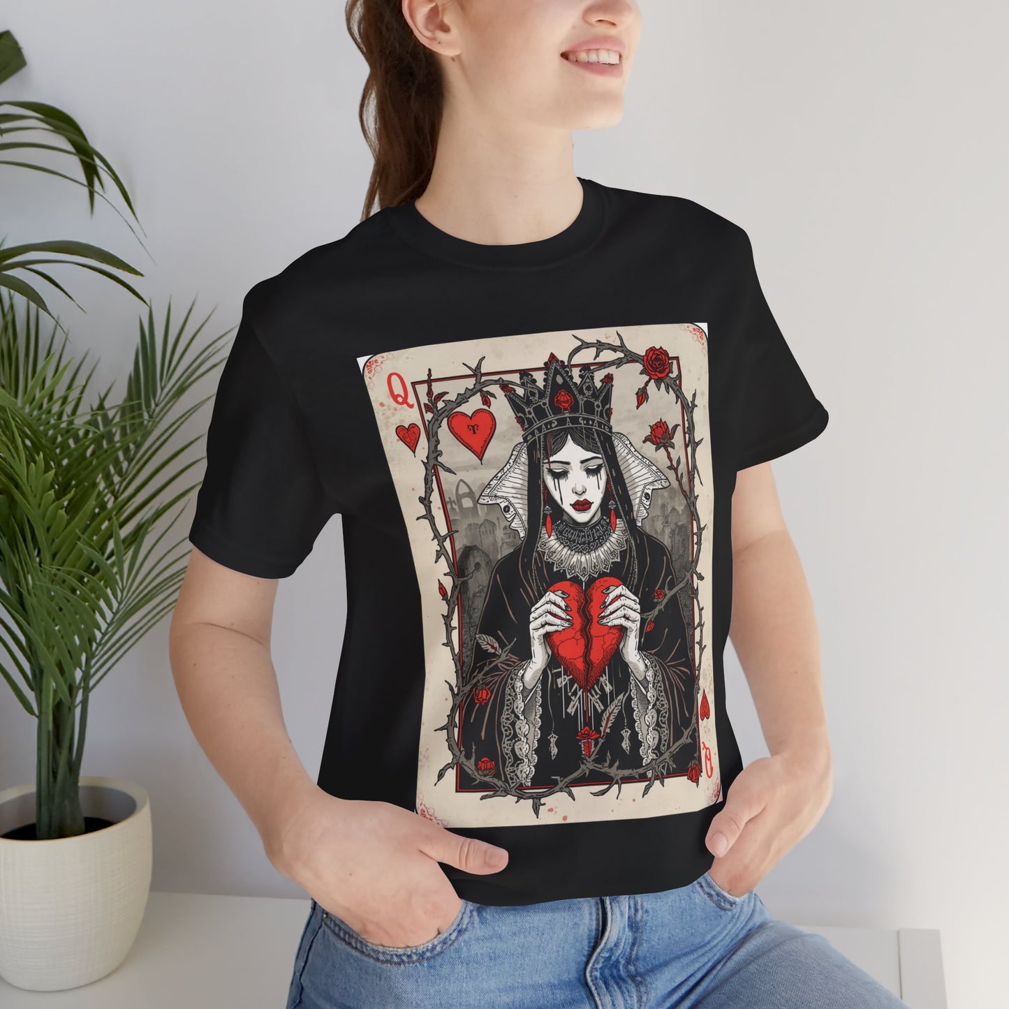 Queen of Hearts Playing Card T-Shirt — Gothic Rose Broken Heart Graphic Tee