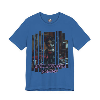 “Midnight Toy-maker's Creation” —hand-stitched Gothic doll Graphic T-Shirt – Alt Aesthetic Poetic Goth Street-wear