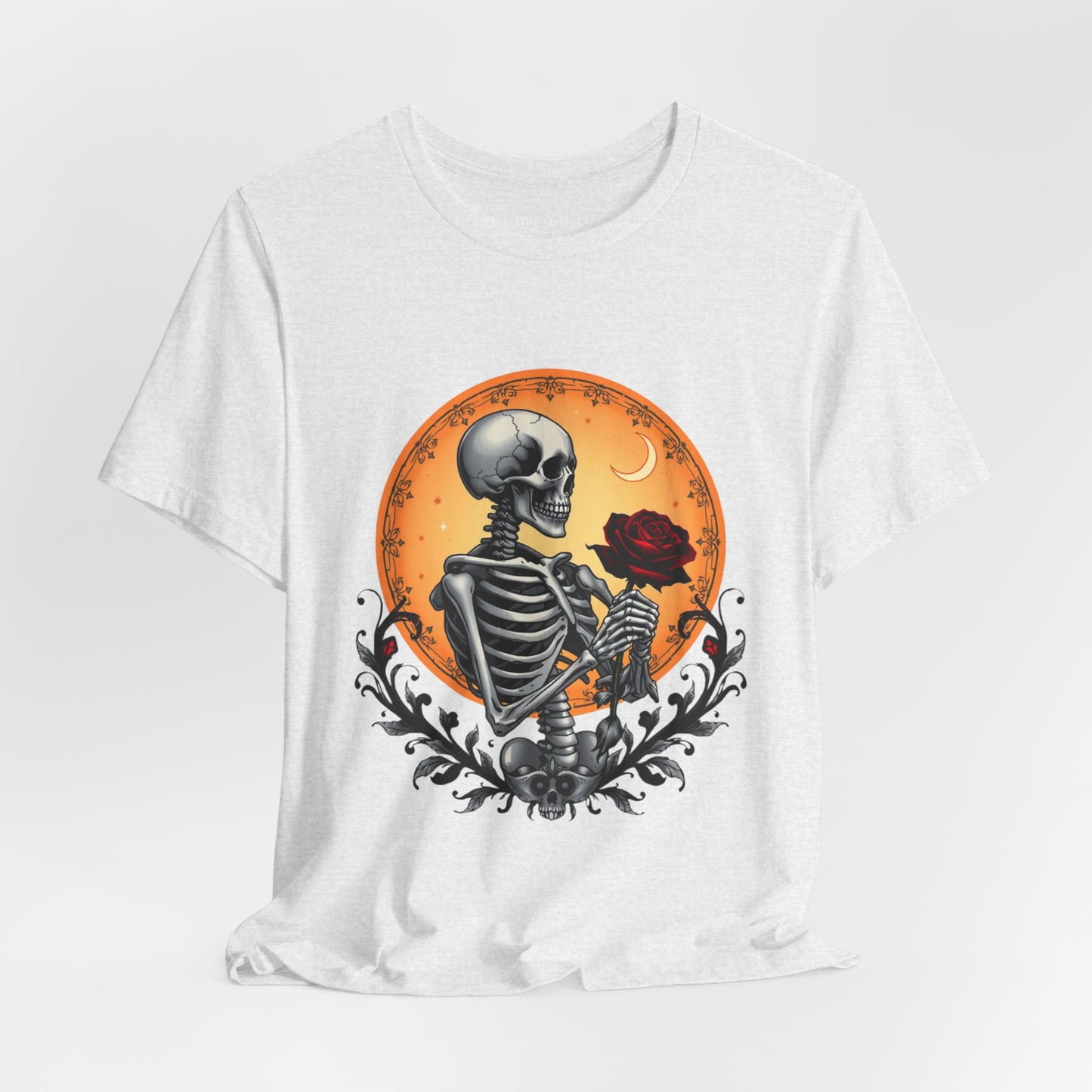 Mystical Gothic Skeleton and Black Rose Under Crescent Moon T-Shirt Design