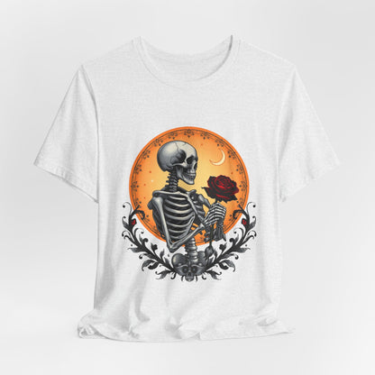 Mystical Gothic Skeleton and Black Rose Under Crescent Moon T-Shirt Design