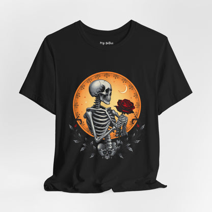 Mystical Gothic Skeleton and Black Rose Under Crescent Moon T-Shirt Design