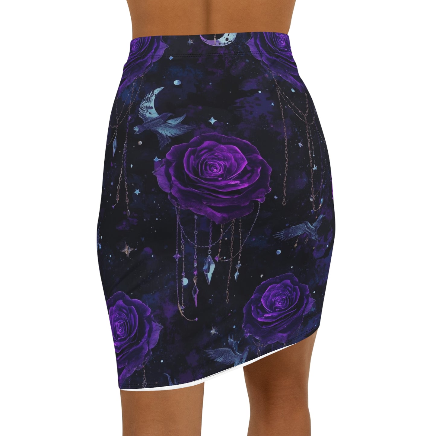 Purple Rose Moon Pencil Skirt — Gothic Floral Night Sky Midi