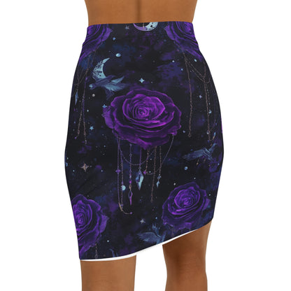 Purple Rose Moon Pencil Skirt — Gothic Floral Night Sky Midi