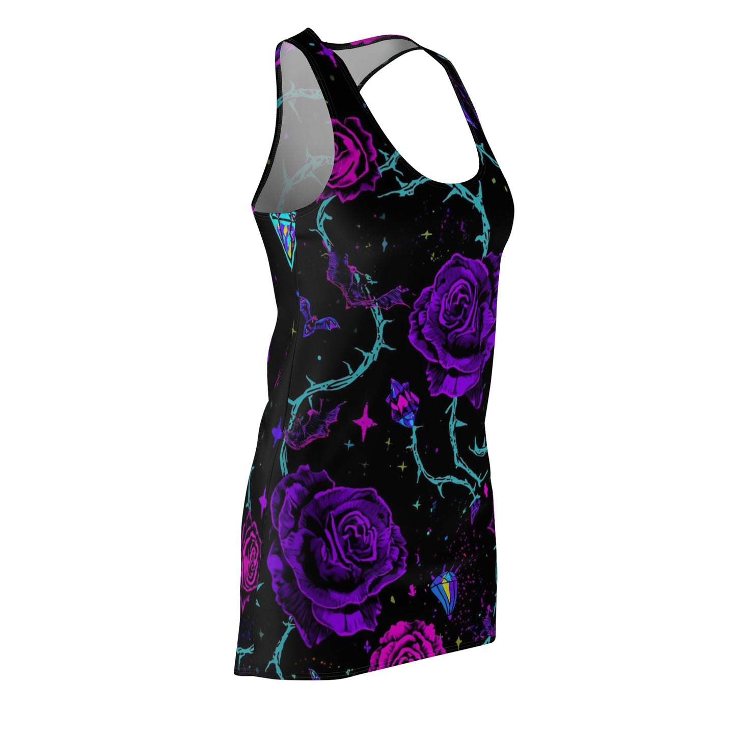 Purple Neon Rose Racerback Dress — Gothic Floral AOP Dress