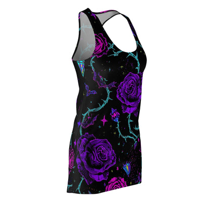 Purple Neon Rose Racerback Dress — Gothic Floral AOP Dress