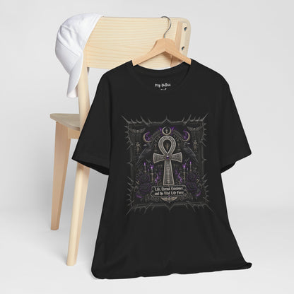 Ankh Gothic Tee — "Life, Eternal Existence and the Will to Fear" Black Graphic T-Shirt