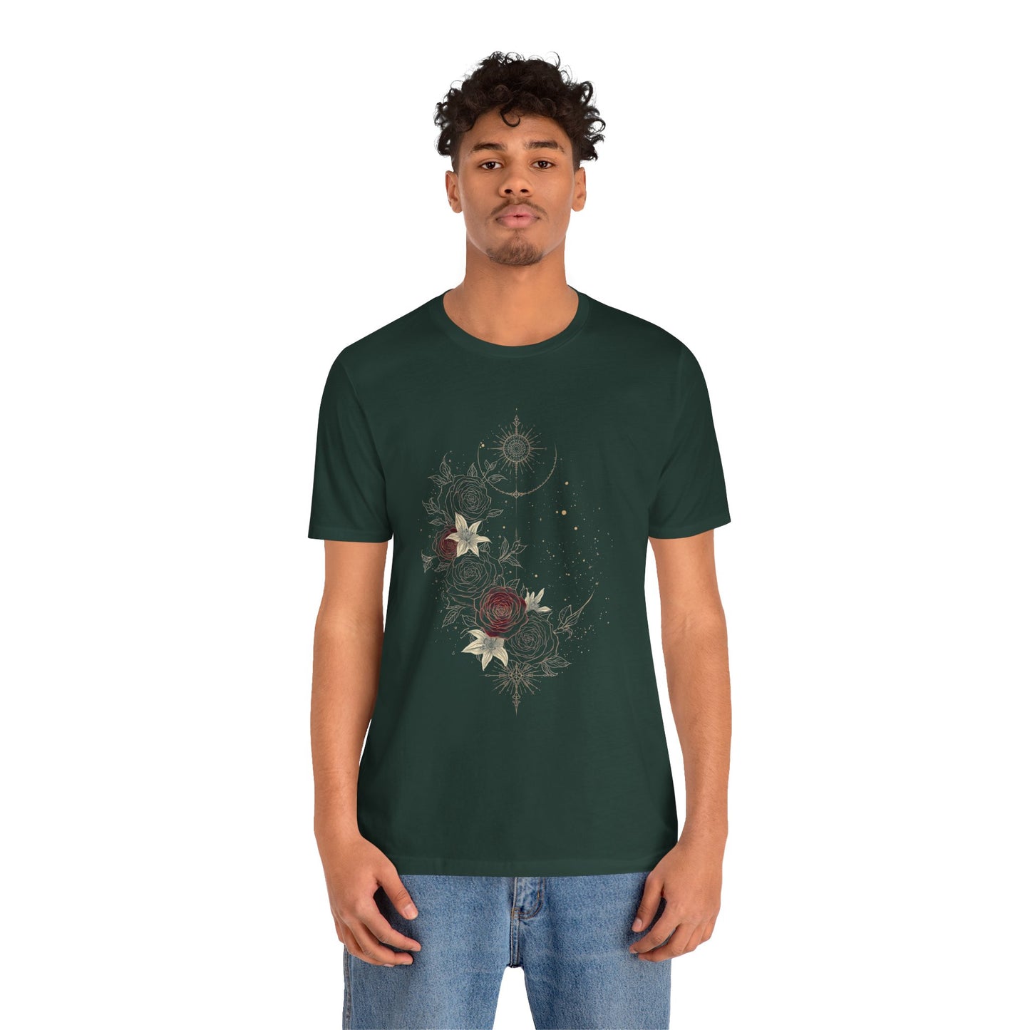 “Dark Floral Moon & Ornamental Geometry” T-Shirt Dark Floral Moon Ornamental Geometry Unisex Jersey Short Sleeve Tee