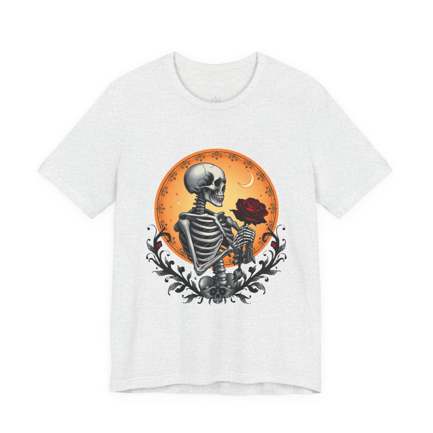 Mystical Gothic Skeleton and Black Rose Under Crescent Moon T-Shirt Design
