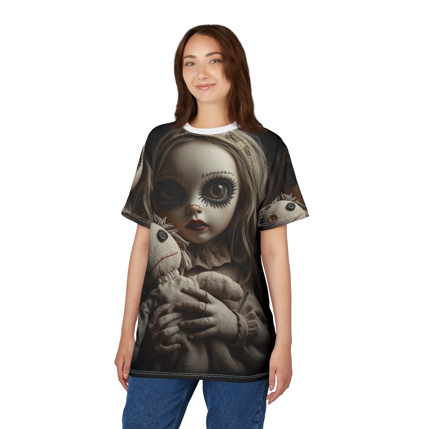 Gunny Sack Doll with Toy Gothic Doll | Horror All-Over Print T‑Shirt