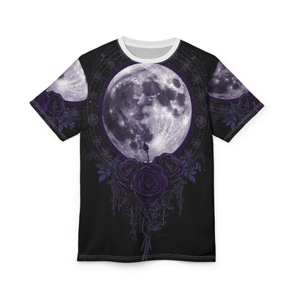 Purple Moon & Roses Tee — Gothic Floral Moonlight All-Over Print Shirt