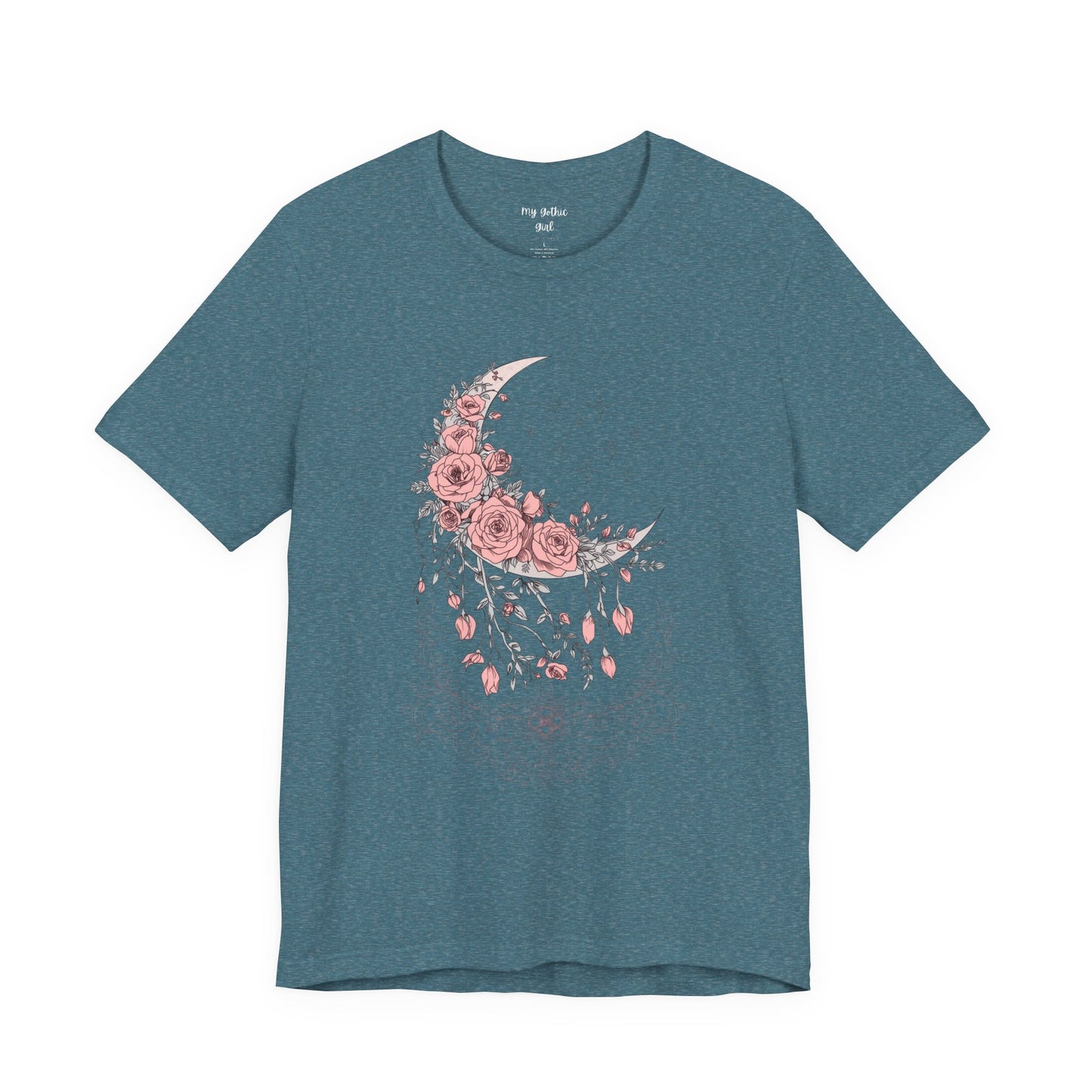 Celestial Goth Crescent Moon Tee with Dripping Florals – Mystic Graphic Art