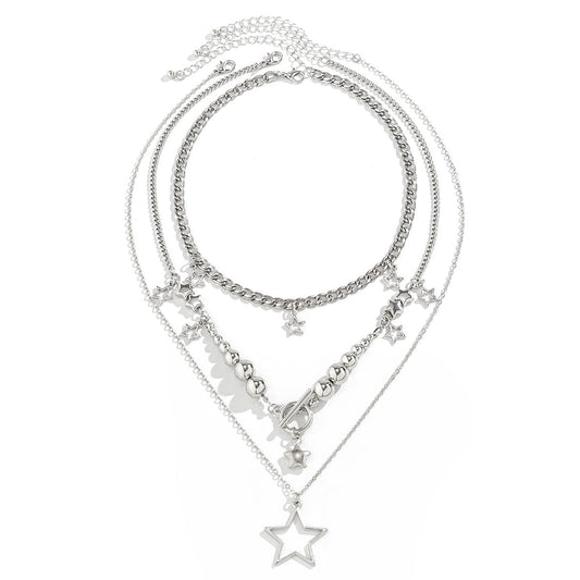 Inactwin Star Y2k Silver Necklace Grunge Layered Necklace Cute Aesthetic Stack Toggle Chain Necklaces Gothic Vintage Emo Jewelry Set for Women (3pc Silver -1)