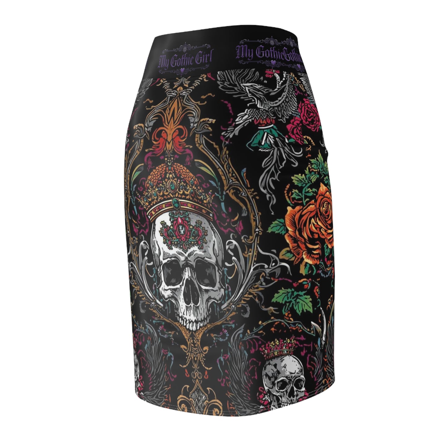 Gothic Skull Crown Pencil Skirt — 'My Gothic Girl' Dark Floral Skull Print