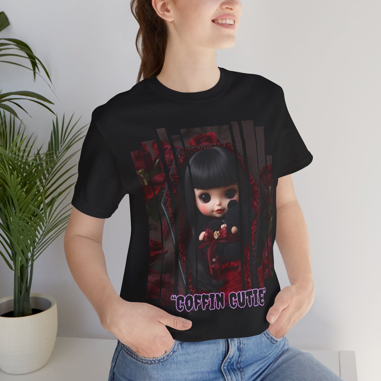 “Coffin Cutie” — cute Gothic doll peeking out from a small coffin Graphic T-Shirt – Alt Aesthetic Poetic Goth Street-wear