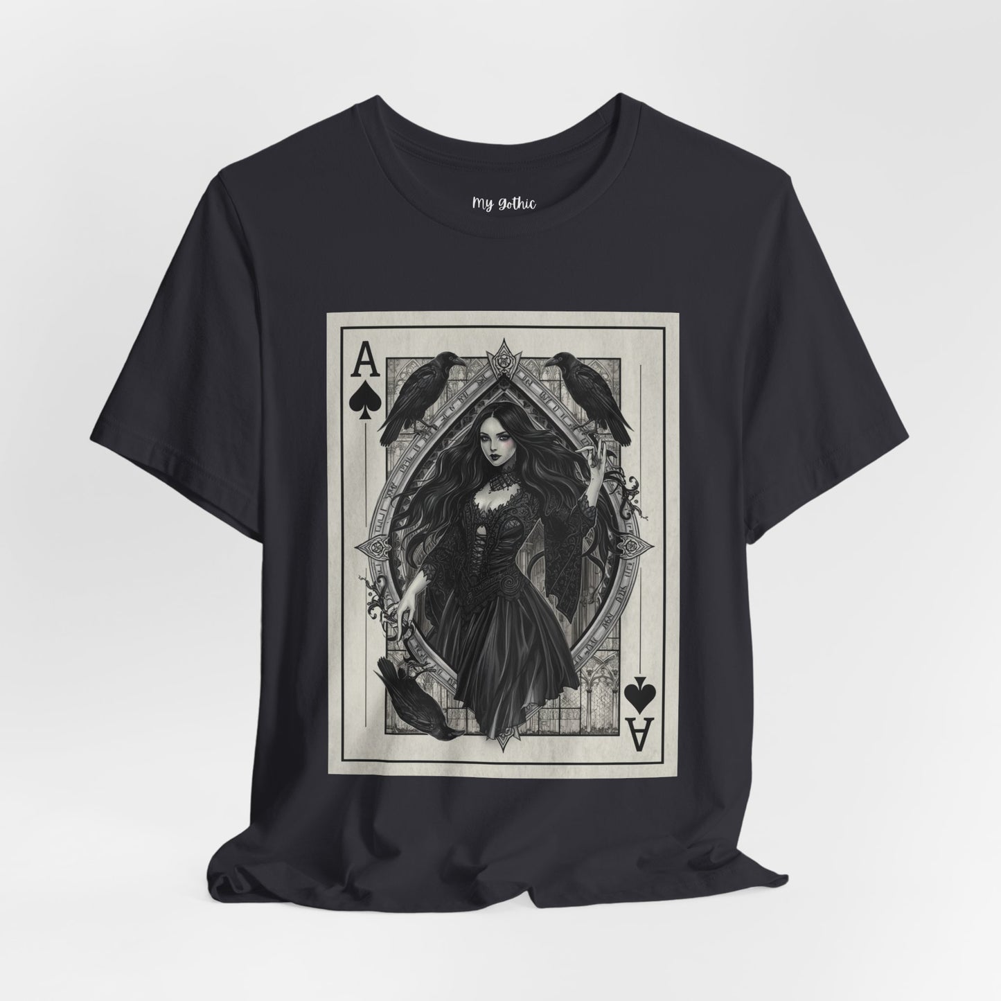 Ace of Spades Gothic Playing Card T‑Shirt — Dark Victorian Witch Illustration
