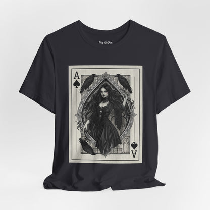 Ace of Spades Gothic Playing Card T‑Shirt — Dark Victorian Witch Illustration