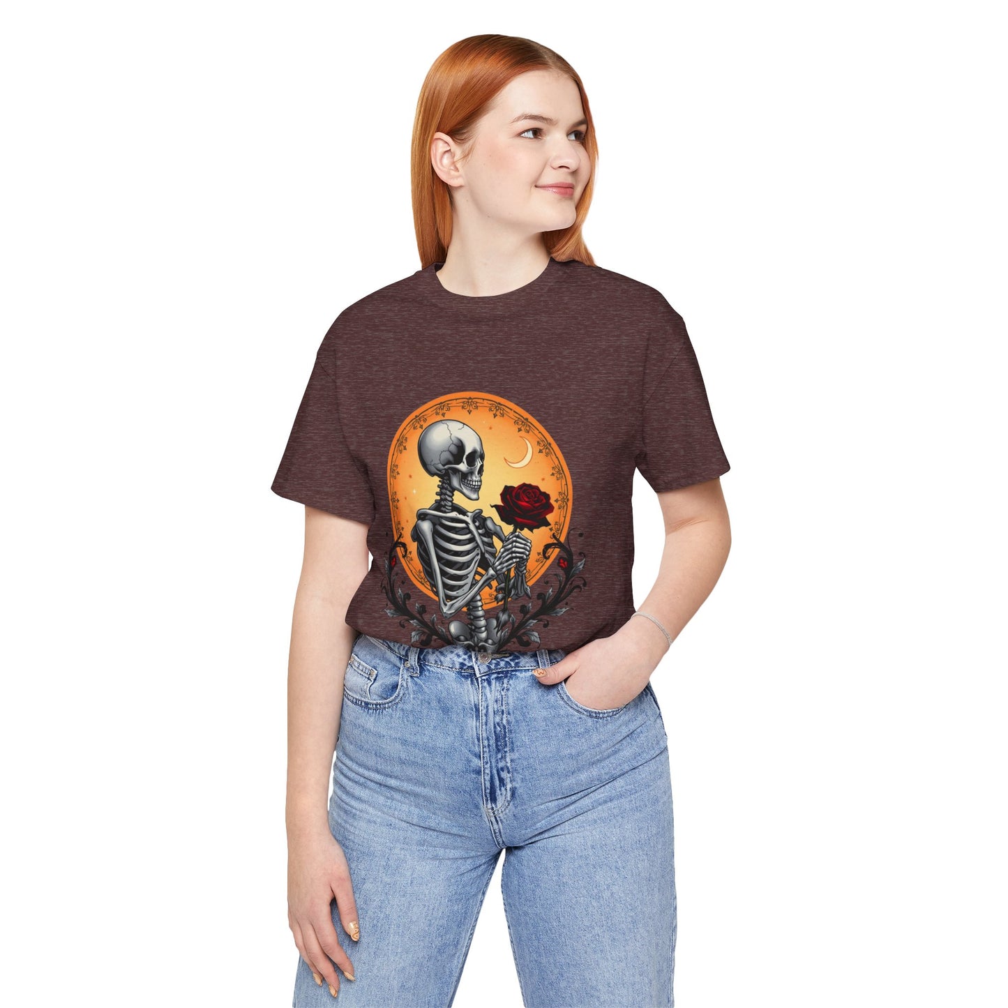 Mystical Gothic Skeleton and Black Rose Under Crescent Moon T-Shirt Design
