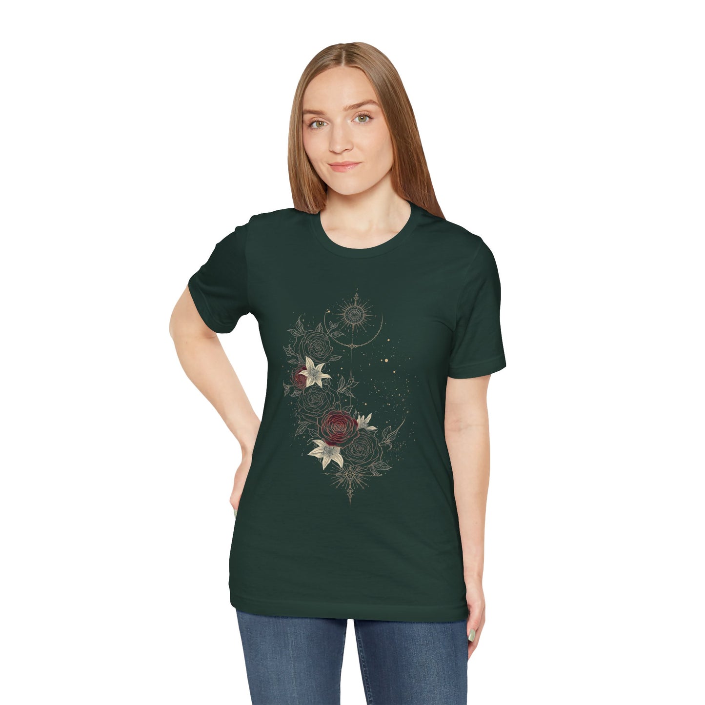 “Dark Floral Moon & Ornamental Geometry” T-Shirt Dark Floral Moon Ornamental Geometry Unisex Jersey Short Sleeve Tee