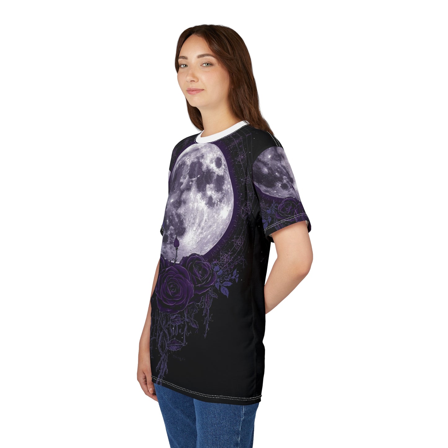 Purple Moon & Roses Tee — Gothic Floral Moonlight All-Over Print Shirt