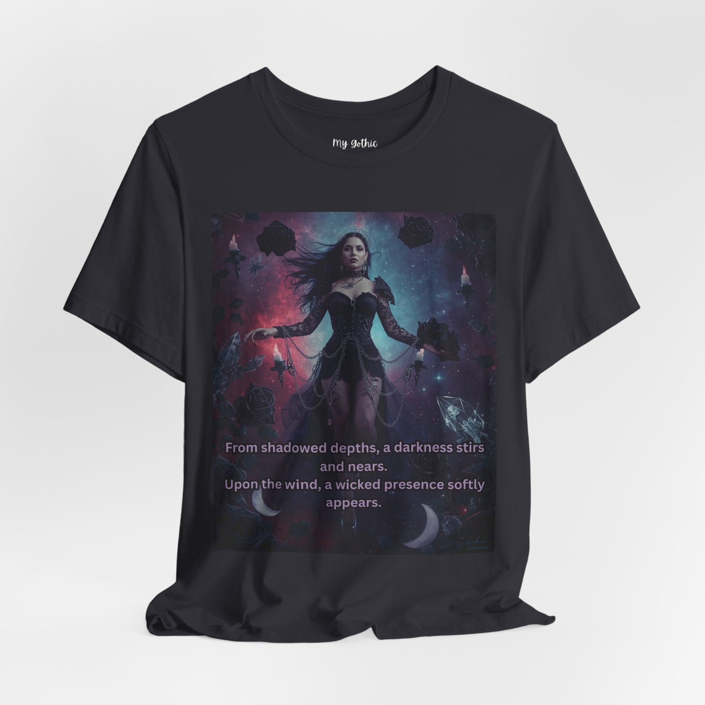 Fantasy Witch T‑Shirt — "From shadowed depths..." Mystical Gothic Tee