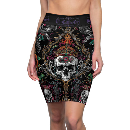 Gothic Skull Crown Pencil Skirt — 'My Gothic Girl' Dark Floral Skull Print