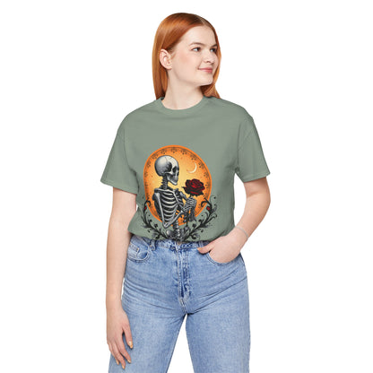 Mystical Gothic Skeleton and Black Rose Under Crescent Moon T-Shirt Design