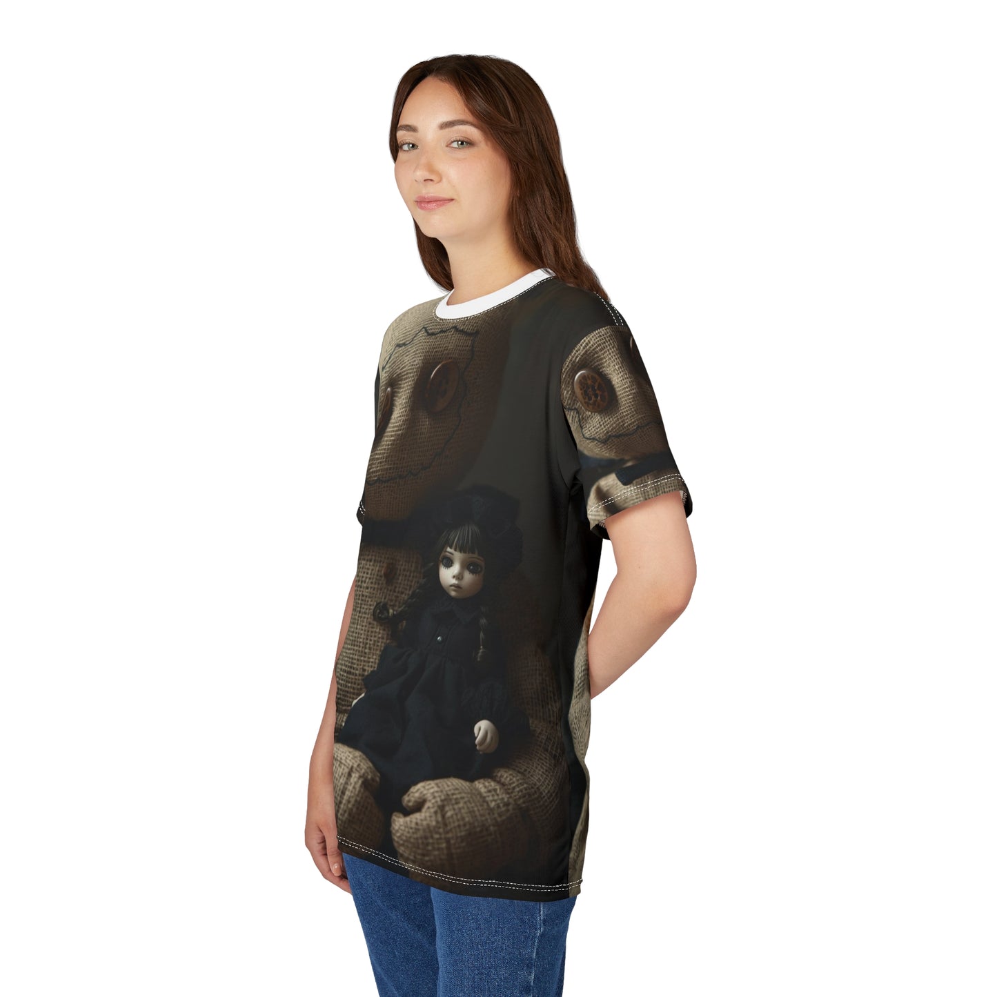 Gunny Sack Doll with Toy Gothic Doll | Horror All-Over Print T‑Shirt