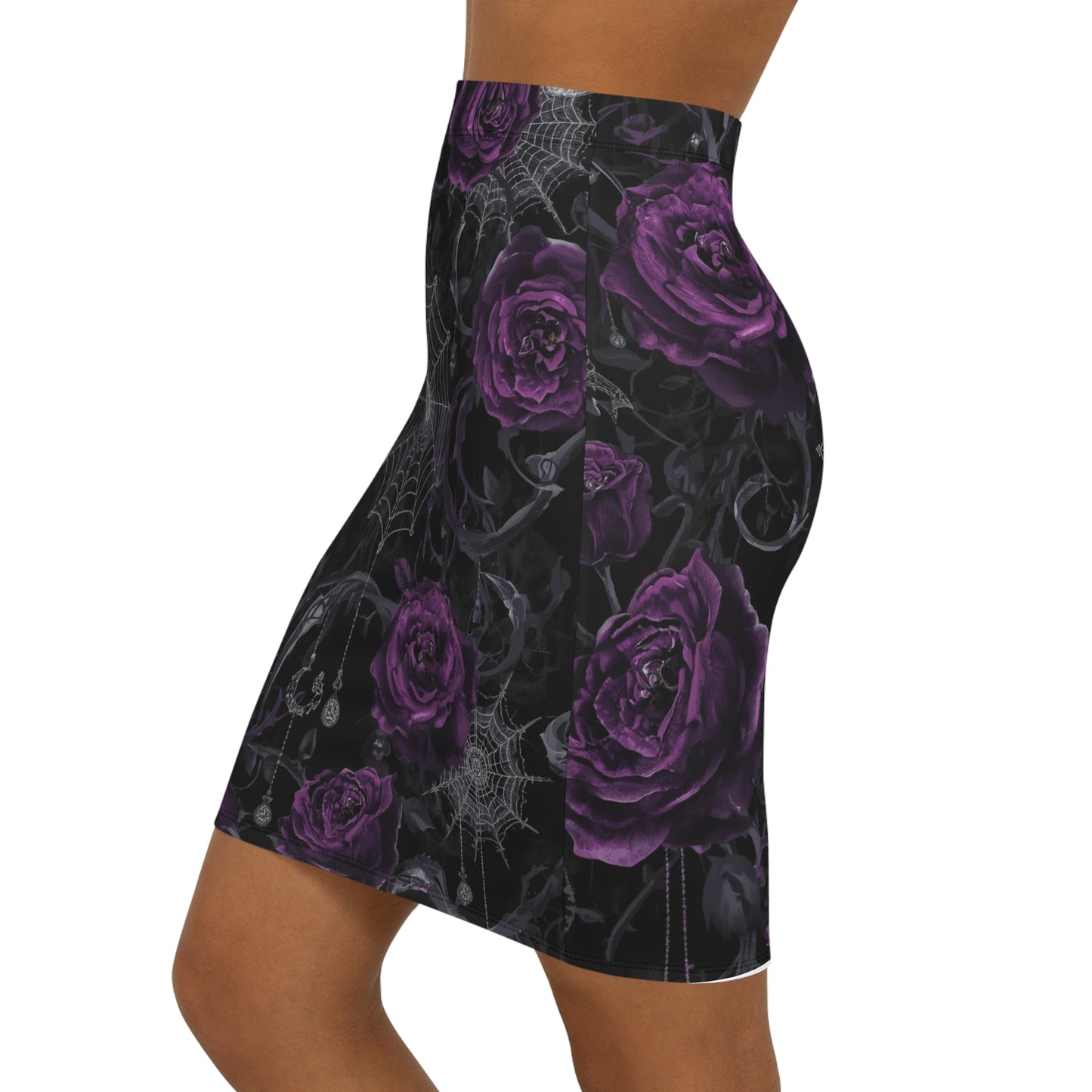 Purple Rose & Spiderweb Gothic Pencil Skirt — Women's Mid‑Waist Floral Print