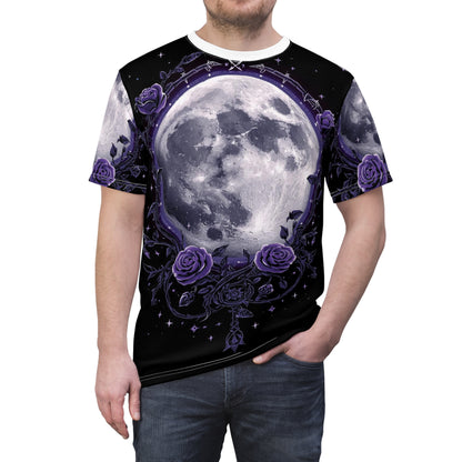 Purple Moon & Roses Tee — Gothic Floral Moonlight All-Over Print Shirt