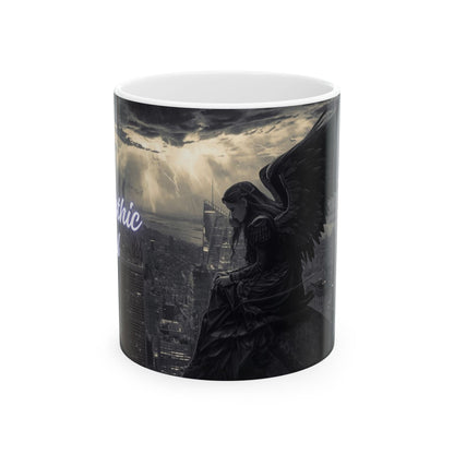 Gothic Angel Ceramic Mug — Moody Cityscape Memorial Coffee Cup (11oz/15oz)