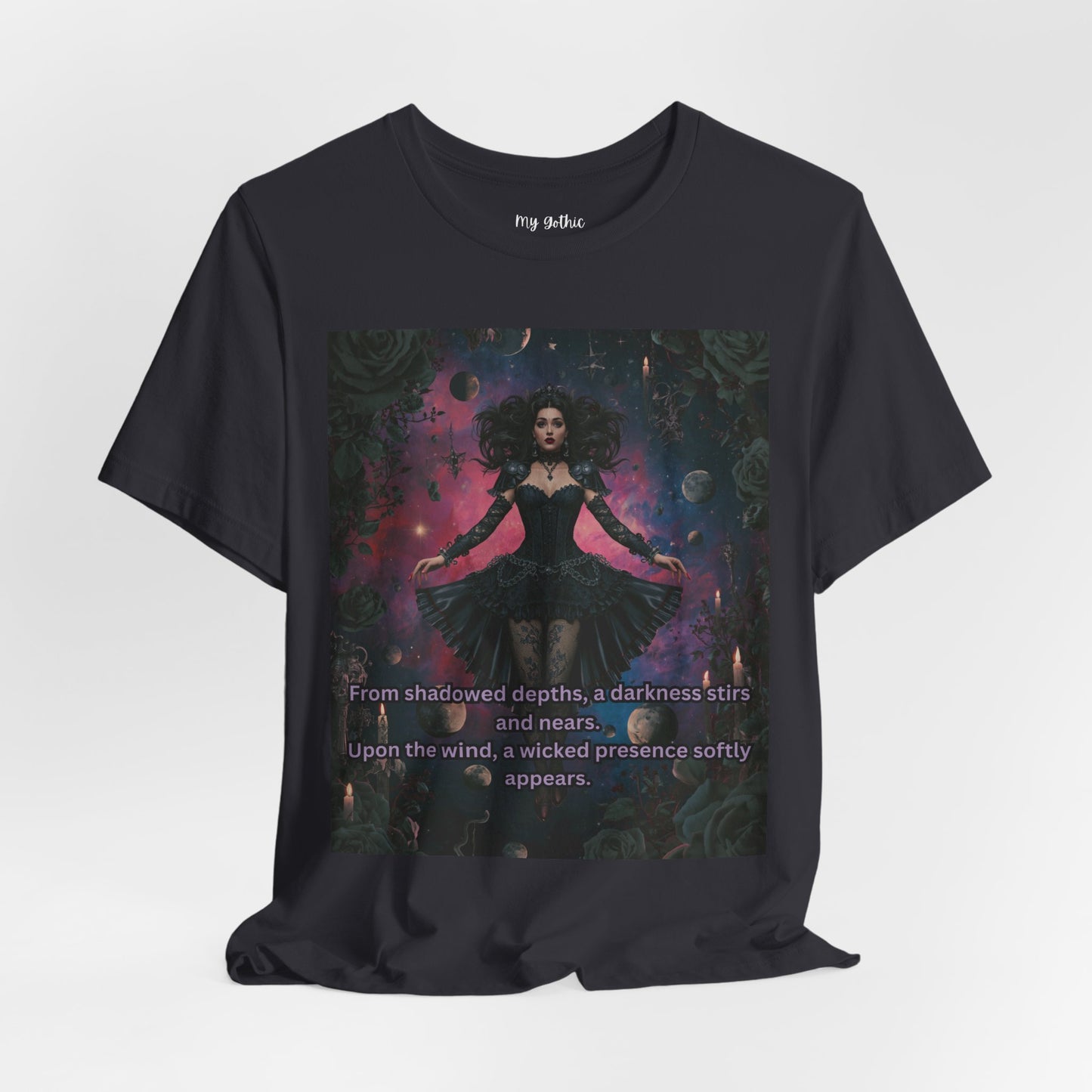Gothic Sorceress Tee — "From shadowed depths..." Dark Fantasy Graphic T-Shirt