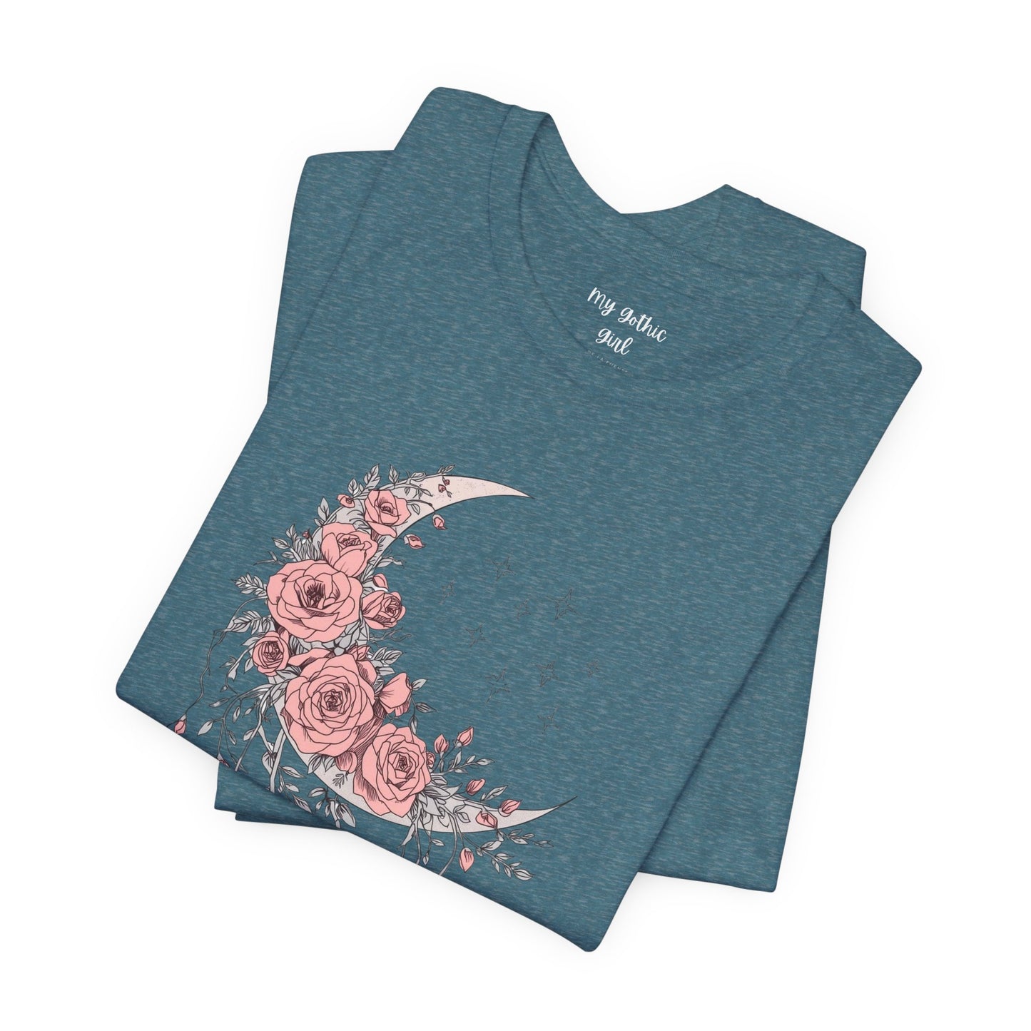 Celestial Goth Crescent Moon Tee with Dripping Florals – Mystic Graphic Art