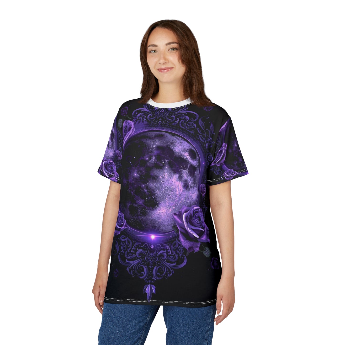 Purple Moon & Roses Tee — Gothic Floral Moonlight All-Over Print Shirt
