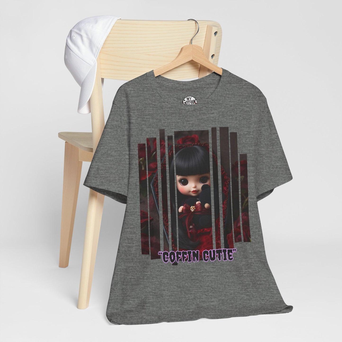 “Coffin Cutie” — cute Gothic doll peeking out from a small coffin Graphic T-Shirt – Alt Aesthetic Poetic Goth Street-wear