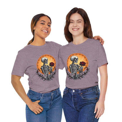 Mystical Gothic Skeleton and Black Rose Under Crescent Moon T-Shirt Design