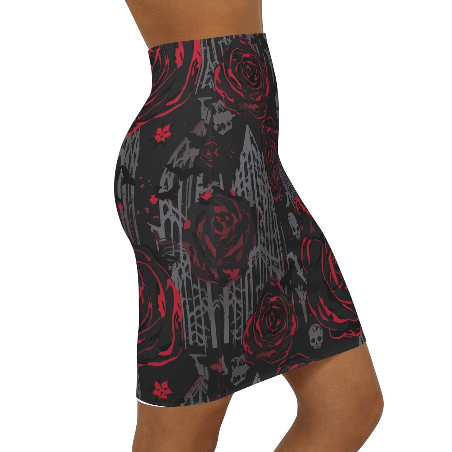 Gothic Red Rose Pencil Skirt — Skull & Gate Floral Midi