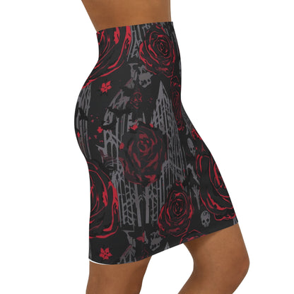 Gothic Red Rose Pencil Skirt — Skull & Gate Floral Midi