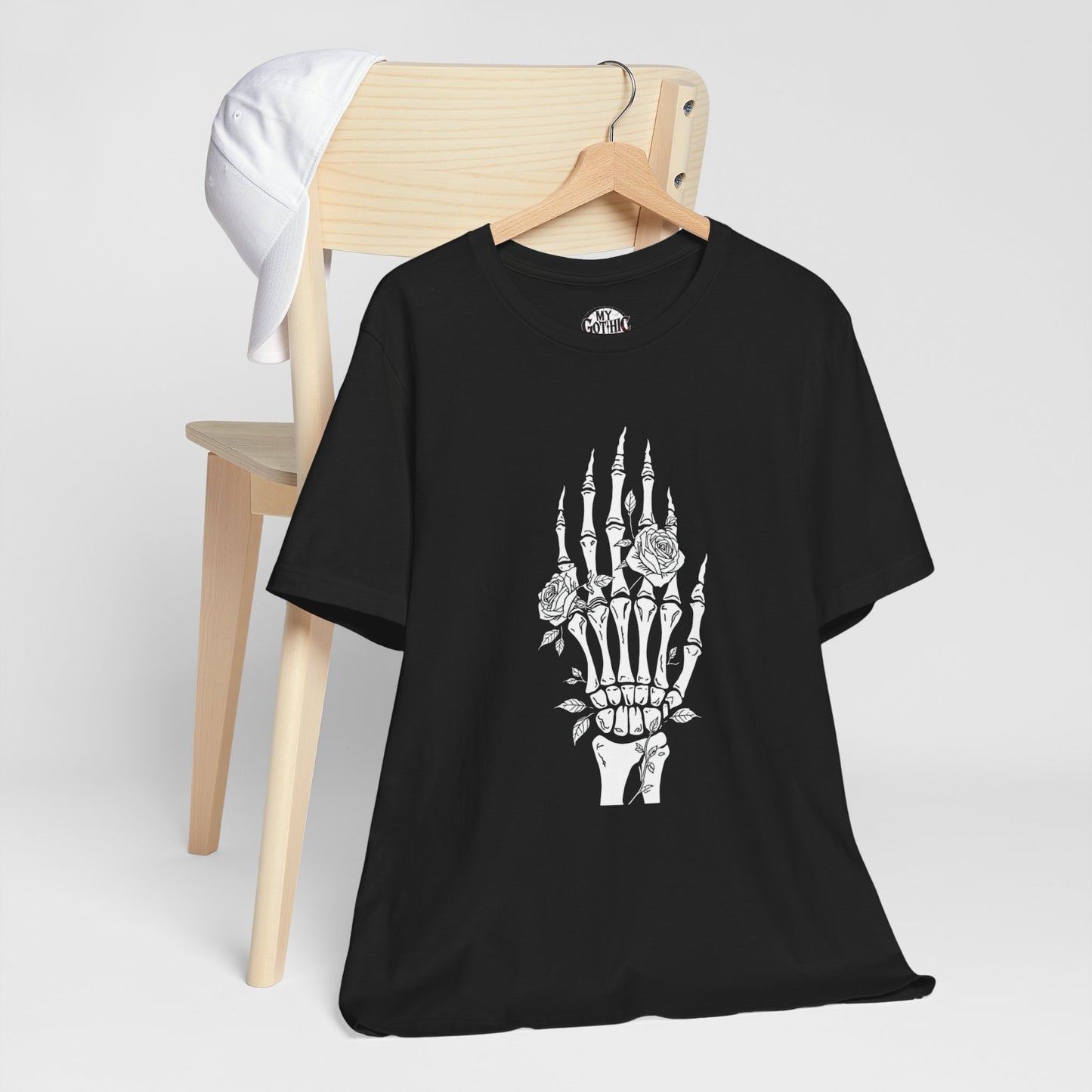 White Roses and Skeleton Hand  Gothic Graphic T-Shirt – Alt Aesthetic Poetic Goth Streetwear