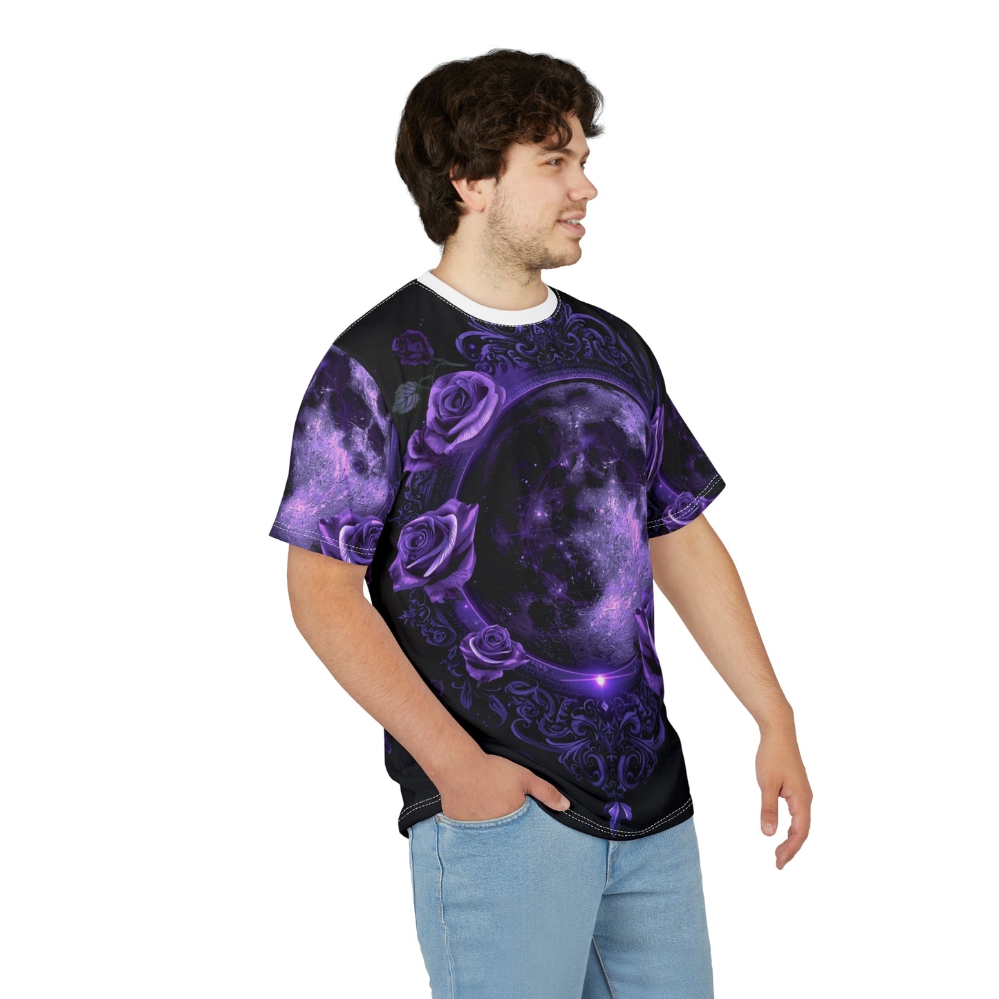 Purple Moon & Roses Tee — Gothic Floral Moonlight All-Over Print Shirt