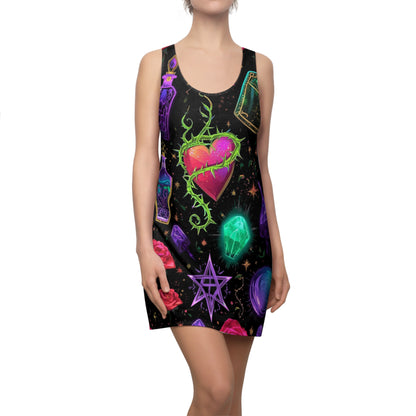 Mystic Heart Racerback Dress — Neon Witchy Potion & Crystal Print