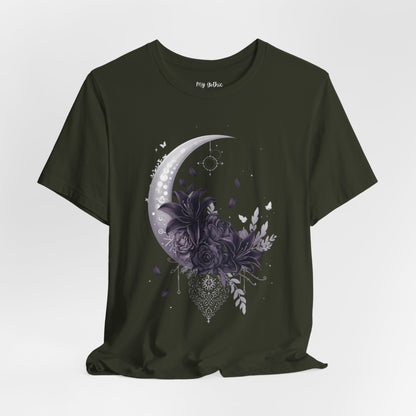 “Moonlit Bouquet & Sacred Soft Goth Symbol” Moonlit Bouquet Unisex Tee - Soft Goth Symbol Floral Design