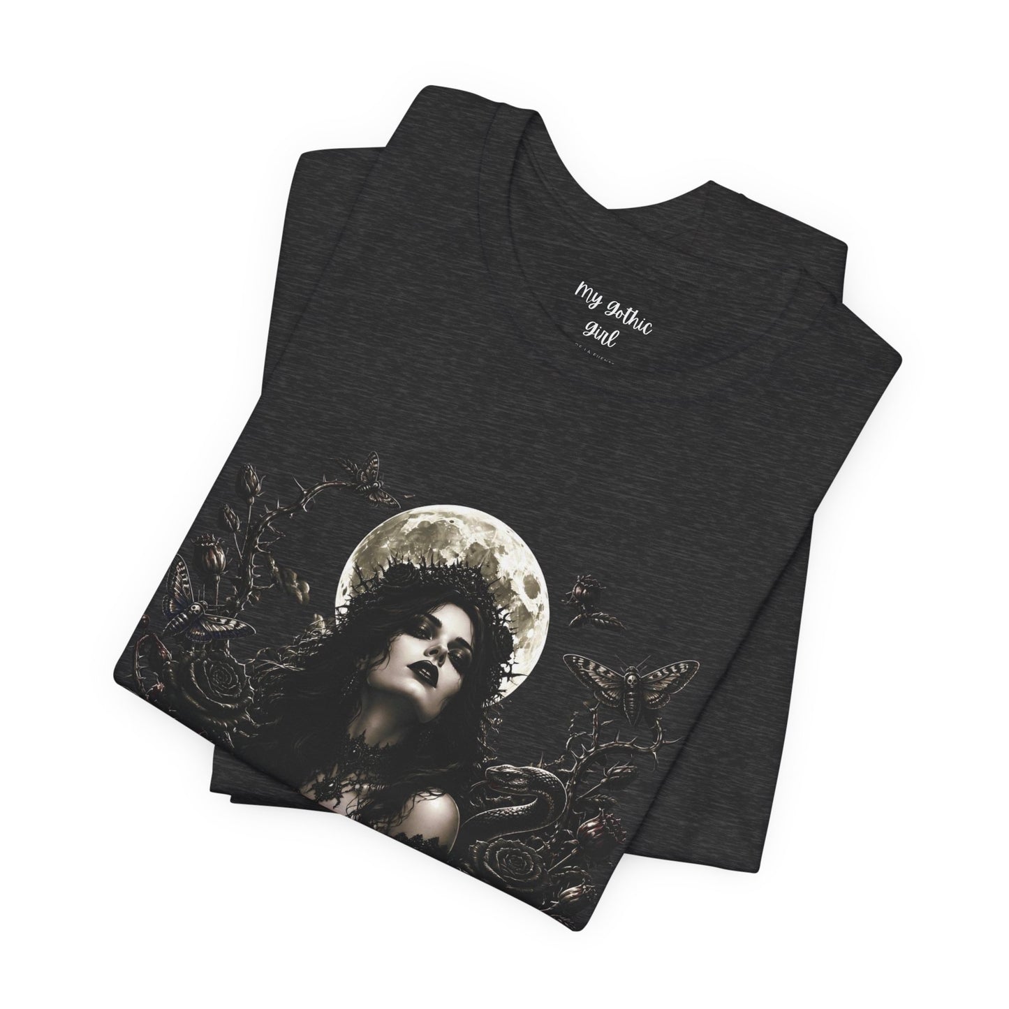 Gothic Moon Goddess Tee – Dark Floral Occult Graphic T-Shirt