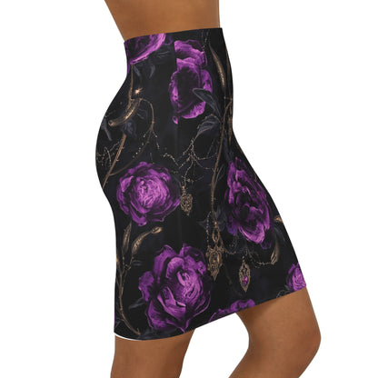 Purple Rose Gothic Pencil Skirt — Floral Mid-Waist Bodycon Skirt