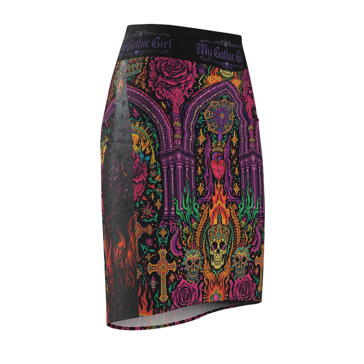 Gothic Skull & Roses Pencil Skirt — 'My Gothic Girl' All-Over Print