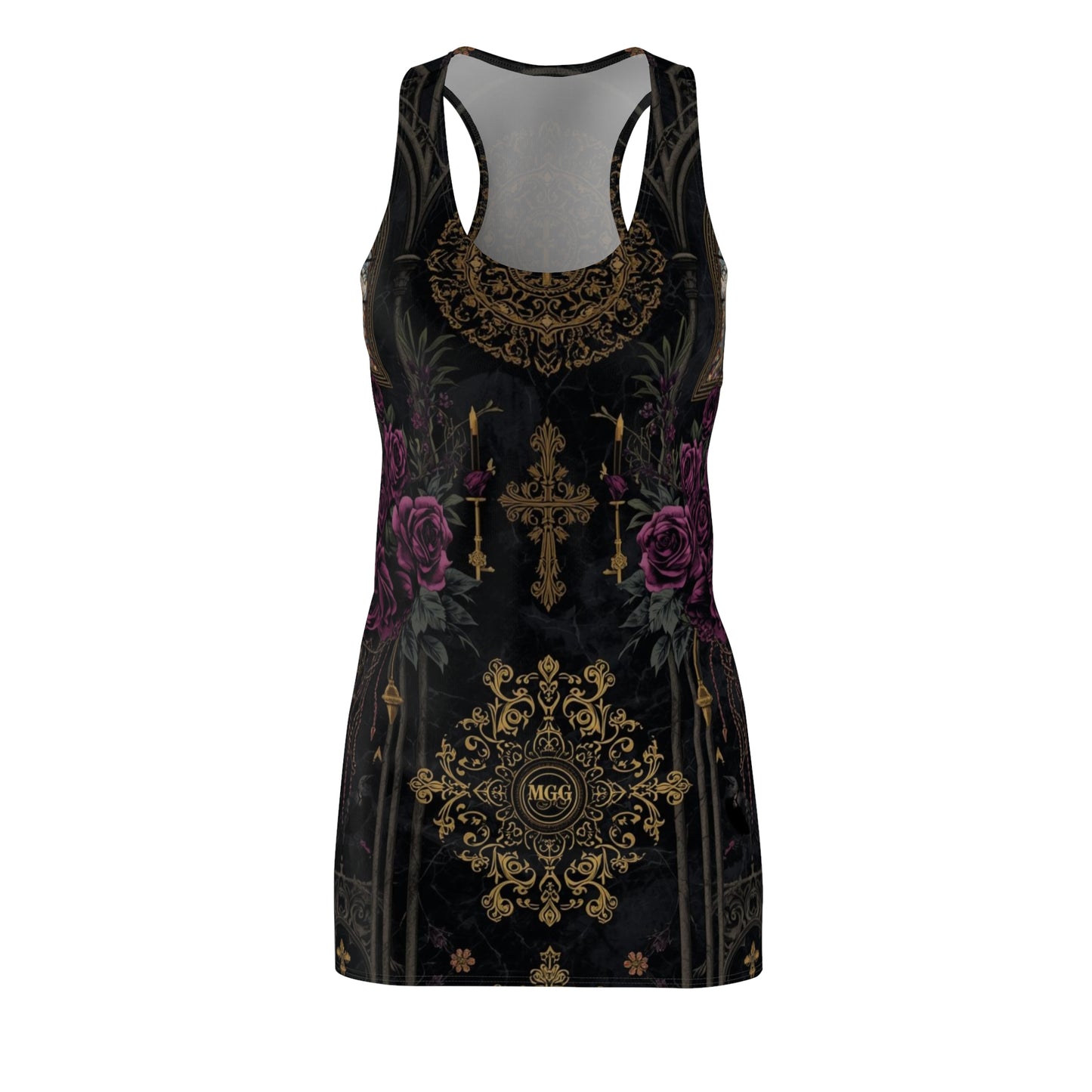 Gothic Rose Racerback Dress — Gold Cross & Velvet Floral AOP